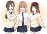  3girls :d aqua_eyes basehu blonde_hair blue_eyes brown_hair flower green_eyes hair_flower hair_ornament hairband long_hair looking_at_viewer miwa_ai multiple_girls necktie open_mouth skirt smile sonokawa_megumi sweater_vest v yaena_miho yuru_yuri 