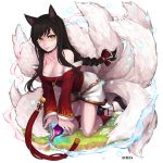  1girl ahri animal_ears bare_shoulders black_hair bottle braid breasts cleavage detached_sleeves facial_mark fox_ears fox_tail highres ilris kneeling league_of_legends long_hair multiple_tails solo tail yellow_eyes 