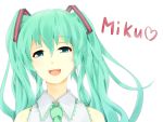  1girl asu_tora character_name green_eyes green_hair hatsune_miku heart long_hair necktie open_mouth simple_background smile solo vocaloid white_background 