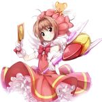  1girl blush brown_hair bun150 cardcaptor_sakura dress fuuin_no_tsue gloves green_eyes hat kero kinomoto_sakura magical_girl open_mouth short_hair smile solo thigh-highs twintails wand 