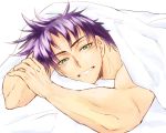  1boy bed blanket green_eyes grin jojo_no_kimyou_na_bouken joseph_joestar_(young) looking_at_viewer purple_hair reality0runaway smile solo 
