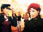  5boys black_hair gakuran green_eyes hat jean_pierre_polnareff jojo_no_kimyou_na_bouken joseph_joestar kakyouin_noriaki kogitetuosero kuujou_joutarou mohammed_avdol multiple_boys redhead school_uniform 