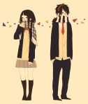  1boy 1girl black_hair blush couple earphones headphones necktie original rikuwo scarf school_uniform 