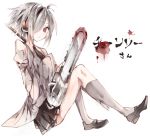  1girl akaki_aoki bare_shoulders chainsaw detached_sleeves hair_over_one_eye headphones original red_eyes silver_hair simple_background skirt solo white_background 