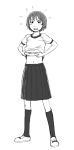  1girl blush dressing embarrassed flying_sweatdrops gym_uniform looking_at_viewer monochrome naotan open_mouth original school_uniform short_hair skirt 