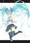  1girl asu_tora green_eyes green_hair hatsune_miku letterboxed long_hair looking_down necktie panties pantyshot skirt solo striped striped_panties thigh-highs twintails underwear very_long_hair vocaloid zoom_layer 