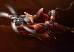  1girl air_(artist) akali alternate_costume alternate_eye_color boots brown_hair kama_(weapon) league_of_legends long_hair mask ponytail red_eyes shuriken solo thigh-highs weapon 