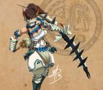  1girl armlet armor arrow barioth_(armor) belt blue_eyes bow_(weapon) breasts brown_hair cleavage corset daniel_macgregor dark_skin huge_weapon knee_pads large_breasts loincloth long_hair mask monster_hunter monster_hunter_3 monster_hunter_portable_3rd pauldrons ponytail puffy_pants quiver signature solo spikes vambraces weapon 