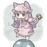  1girl animal_ears ball bell bow cat_ears cat_tail chibi crescent dress hair_bow hair_ribbon hat long_hair open_mouth outstretched_arms patchouli_knowledge purple_hair ribbon solo sweat tail touhou violet_eyes yuasan 