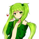  1girl collarbone creeparka creeper flat_chest green_eyes green_hair heart long_hair minecraft navel open_clothes personification simple_background smile solo twintails white_background zaxwu 
