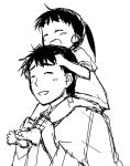  ^_^ barefoot black_hair carrying closed_eyes father_and_daughter hijikata_keisuke if_they_mated long_hair monochrome mozu_(peth) ponytail rough short_hair shoulder_carry smile strike_witches 