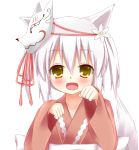  animal_ears blonde_hair blush esureki flower fox_ears fox_mask fox_tail hair_ornament japanese_clothes kimono mask original paw_pose simple_background smile tail white_background white_hair 