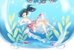  1girl barefoot black_hair blue_eyes bubble dress emia_wang fishbowl long_hair original solo underwater 