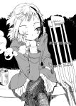  1girl amputee artist_request bandages bikko breath chin_rest coat crutch monochrome multicolored_hair original pantyhose scar short_hair sitting skirt soda_can solo two-tone_hair 