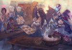  1boy 4girls bare_shoulders black_wings blitzcrank breasts brown_hair chef_hat cleavage cupcake earrings hat jewelry large_breasts league_of_legends lulu_(league_of_legends) morgana multiple_girls nude opiu oven oven_mitts sona_buvelle soraka table taric wings 