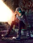  1boy blue_eyes character_request clothes_writing graffiti grey_hair headphones highres instrument manhole sitting stairs violin wenqing_yan 