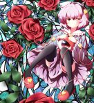  1girl black_legwear censored convenient_censoring flower hairband heart komeiji_satori long_sleeves looking_at_viewer pink_eyes pink_hair red_rose red_shoes rose shirt shoes sitting skirt solo stained_glass thigh-highs third_eye touhou ugume upskirt wide_sleeves 