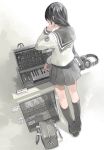  1girl bag black_hair from_behind headphones instrument original pleated_skirt pomodorosa school_uniform serafuku signature skirt solo standing synthesizer 