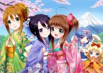  5girls :d ahoge animal_ears black_hair blonde_hair blue_eyes blue_hair blush brown_eyes brown_hair cat_ears character_request flower green_eyes hair_flower hair_ornament hands_together japanese_clothes jewelpet_(series) jewelpet_tinkle kimono long_hair looking_at_viewer mountain multiple_girls obi open_mouth short_hair smile snake tres yuu_(derodero) 