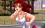  1girl 90s breasts building cleavage dithering game_cg lipstick long_hair makeup oldschool open_mouth outdoors park pc98 pixel_art ponytail red_eyes redhead running tank_top tree wavy_hair 