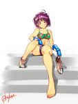  1girl abs barefoot bikini_top fingerless_gloves gloves midriff muscle navel no_socks purple_hair shoes shoes_removed short_hair short_shorts shorts single_shoe sitting sneakers stairs taputya toenail_polish violet_eyes 