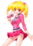  1girl akata_itsuki blonde_hair digimon digimon_xros_wars heart open_mouth panties pink_eyes skirt smile solo striped striped_panties suzaki_airu underwear 