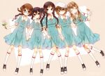  5girls akiyama_mio alternate_hairstyle bandages beret bespectacled black_eyes black_hair blonde_hair blue_dress blue_eyes bow braid brown_eyes brown_hair closed_eyes dress flower glasses hair_bow hair_ribbon hat highres hirasawa_yui holding_hands interlocked_fingers k-on! k-on!_movie kneehighs kotobuki_tsumugi long_hair low_twintails lying multiple_girls nakano_azusa naoto_(tulip) on_back ribbon rose shoes short_hair singing! smile sneakers tainaka_ritsu twin_braids twintails white_legwear white_rose 