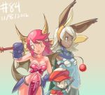  2girls animal_ears armor bare_shoulders blue_eyes blush_stickers breasts cleavage dark_skin detached_sleeves faulds final_fantasy final_fantasy_tactics_a2 gloves gria gun hand_on_hip hat horn horns huge_weapon junkpuyo moogle multiple_girls over_shoulder pink_hair pistol rabbit_ears silver_hair sword sword_over_shoulder viera weapon weapon_over_shoulder yellow_eyes 