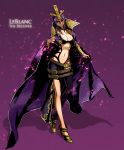  1girl belt breasts cape character_name cleavage emilia_leblanc facial_mark forehead_jewel high_heels league_of_legends lezinz long_hair mound_of_venus navel popped_collar purple_hair shoes solo tiara vambraces 