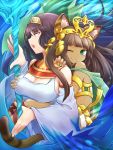  2girls animal_ears bastet_(p&amp;d) black_hair breast_grab brown_hair cat_ears cat_tail crown dark_skin egyptian eiei green_eyes headband isis_(p&amp;d) multiple_girls puzzle_&amp;_dragons staff tail wink 