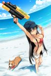  1girl beach bikini_top black_hair blue_eyes dog hat kimura_(ykimu) long_hair original shorts solo swimsuit water_gun 