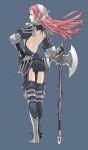  1girl armor axe back backless_outfit closed_mouth female fire_emblem fire_emblem:_kakusei from_behind full_body hairband hand_on_hip kozaki_yuusuke long_hair official_art pink_hair planted_axe planted_weapon serge_(fire_emblem) simple_background solo standing thigh-highs weapon 