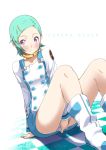  1girl blue_hair covering covering_crotch dress dress_tug eureka eureka_seven eureka_seven_(series) pink_eyes short_hair sitting smile solo yuuzii 