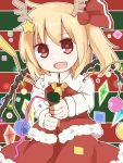  1girl antlers ascot blonde_hair fang flandre_scarlet open_mouth red_eyes ribbon short_hair side_ponytail skirt solo star touhou wings yamase 