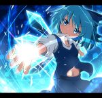  1girl blue_hair bow cirno do_(4-rt) glowing glowing_hand hair_bow ice ice_wings letterboxed midriff navel outstretched_arm outstretched_hand puffy_sleeves shirt short_sleeves skirt skirt_set solo touhou vest wings 