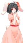  1girl ahoge animal_ears black_hair bunny_tail crote dress highres inaba_tewi pink_dress puffy_sleeves rabbit_ears red_eyes short_hair short_sleeves simple_background smile solo tail touhou transparent_background 