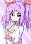  1girl akata_itsuki blush bra long_hair looking_at_viewer open_clothes open_shirt purple_hair solo underwear undressing violet_eyes 