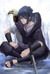  1boy bald_eagle bird blue_hair blurry depth_of_field eagle hood indian_style liuruoyu8888 naruto naruto_shippuuden planted_sword planted_weapon red_eyes sandals sitting solo sword uchiha_sasuke weapon 