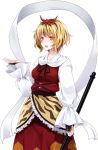  1girl blonde_hair breasts crote frills hair_ornament highres holding long_sleeves multicolored_hair open_mouth orange_eyes polearm puffy_sleeves shawl short_hair simple_background solo toramaru_shou touhou transparent_background two-tone_hair weapon 