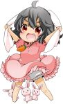  1girl :3 ahoge animal_ears arms_up barefoot berry_jou black_hair bloomers blush carrot chibi dress ear_pull fang inaba_tewi jewelry necklace open_mouth pink_dress puffy_sleeves rabbit rabbit_ears red_eyes short_sleeves smile solo touhou 
