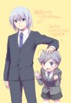  2boys formal hand_on_another&#039;s_head highres looking_at_viewer multiple_boys necktie short_hair simple_background suit translation_request usashiro_mani yellow_background 