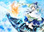 1girl boat fire grey_eyes hat hat_ribbon highres long_sleeves looking_at_viewer makuwauri mononobe_no_futo nib_pen_(medium) open_mouth outstretched_arm outstretched_hand ponytail ribbon shirt silver_hair skirt smile solo touhou traditional_media twig water wide_sleeves 