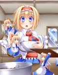  &gt;_&lt; 2girls alice_margatroid anni_minto apron arms_up black_legwear blue_dress blue_eyes blue_sky blush bow bowl broom broom_riding capelet chocolate_covered chocolate_making clouds dress flying hair_bow hairband hat highres kirisame_marisa kitchen long_hair looking_at_viewer multiple_girls open_mouth sash shanghai_doll short_hair sky touhou tree valentine waist_apron window witch_hat 