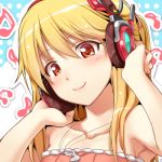  1girl bare_shoulders blonde_hair character_request chobipero headphones long_hair lowres musical_note red_eyes smile solo 