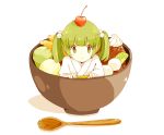  1girl banana bowl cherry food fruit green_eyes green_hair gumi. hair_bobbles hair_ornament kisume short_hair simple_background solo touhou twintails white_background wooden_spoon 
