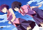  2girls absurdres aragaki_kazunari bakemonogatari black_hair black_legwear blue_eyes blush clouds crossed_arms dutch_angle hanekawa_tsubasa highres looking_at_viewer monogatari_(series) multiple_girls necktie newtype nisemonogatari official_art purple_hair school_uniform senjougahara_hitagi short_hair sky smile thigh-highs violet_eyes zettai_ryouiki 