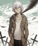  clouds coat cross feathers nagisa_kaworu neon_genesis_evangelion red_eyes short_hair sky smile solo tapiet white_hair 