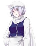  1girl apron breasts crote hand_on_hip hat lavender_eyes lavender_hair letty_whiterock long_sleeves open_mouth scarf short_hair simple_background solo touhou transparent_background wide_sleeves 