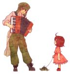  1boy 1girl accordion ahoge blush boots brown_hair child colored_pencil_(medium) instrument leash original playing_instrument short_hair simple_background smile star terajin traditional_media turtle white_background 
