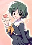  akata_itsuki blush_stickers green_hair heart looking_at_viewer open_mouth short_hair smile solo 